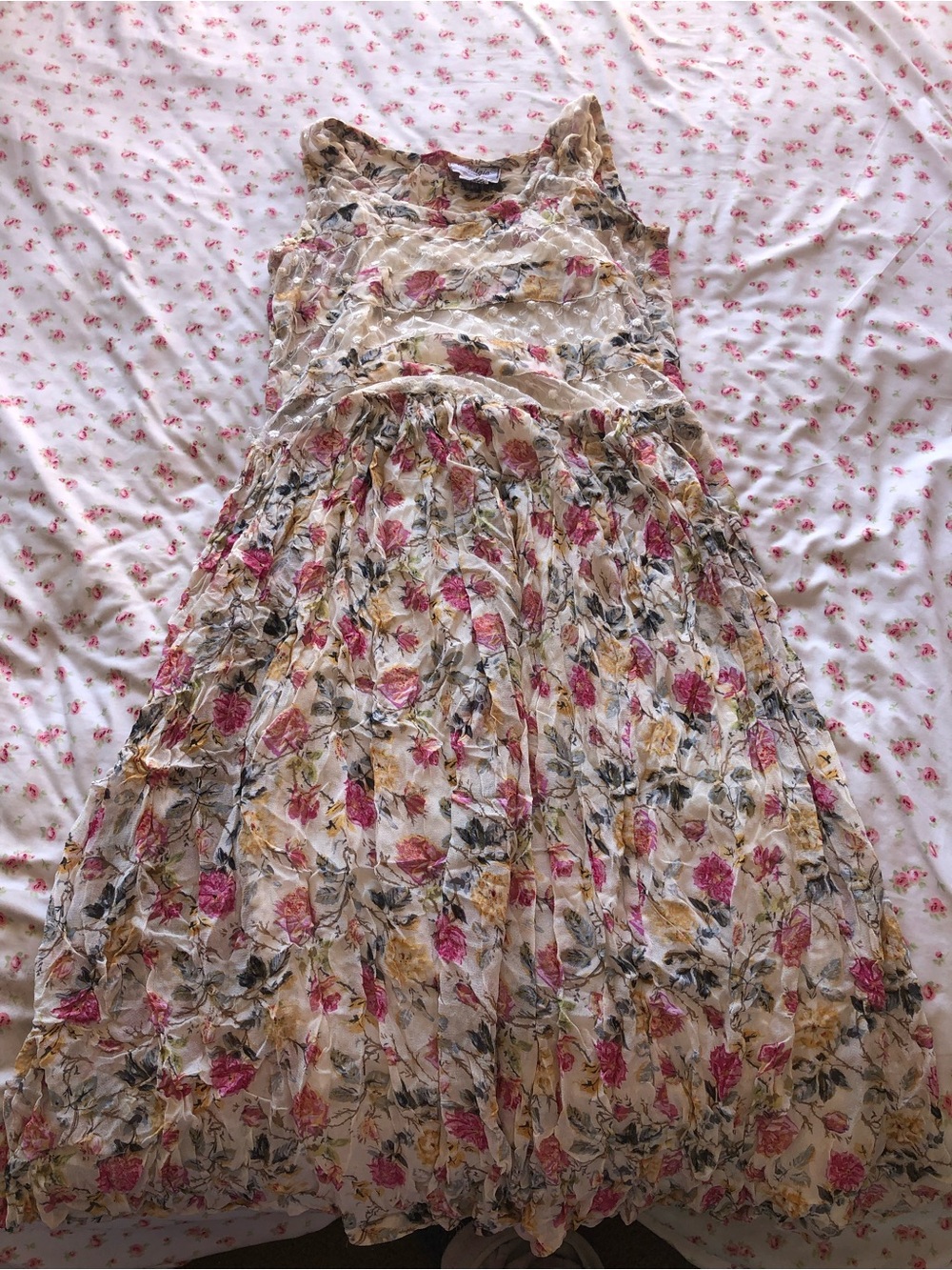 Angels Floral Midi Dress in Cream with Pink & Yellow Roses